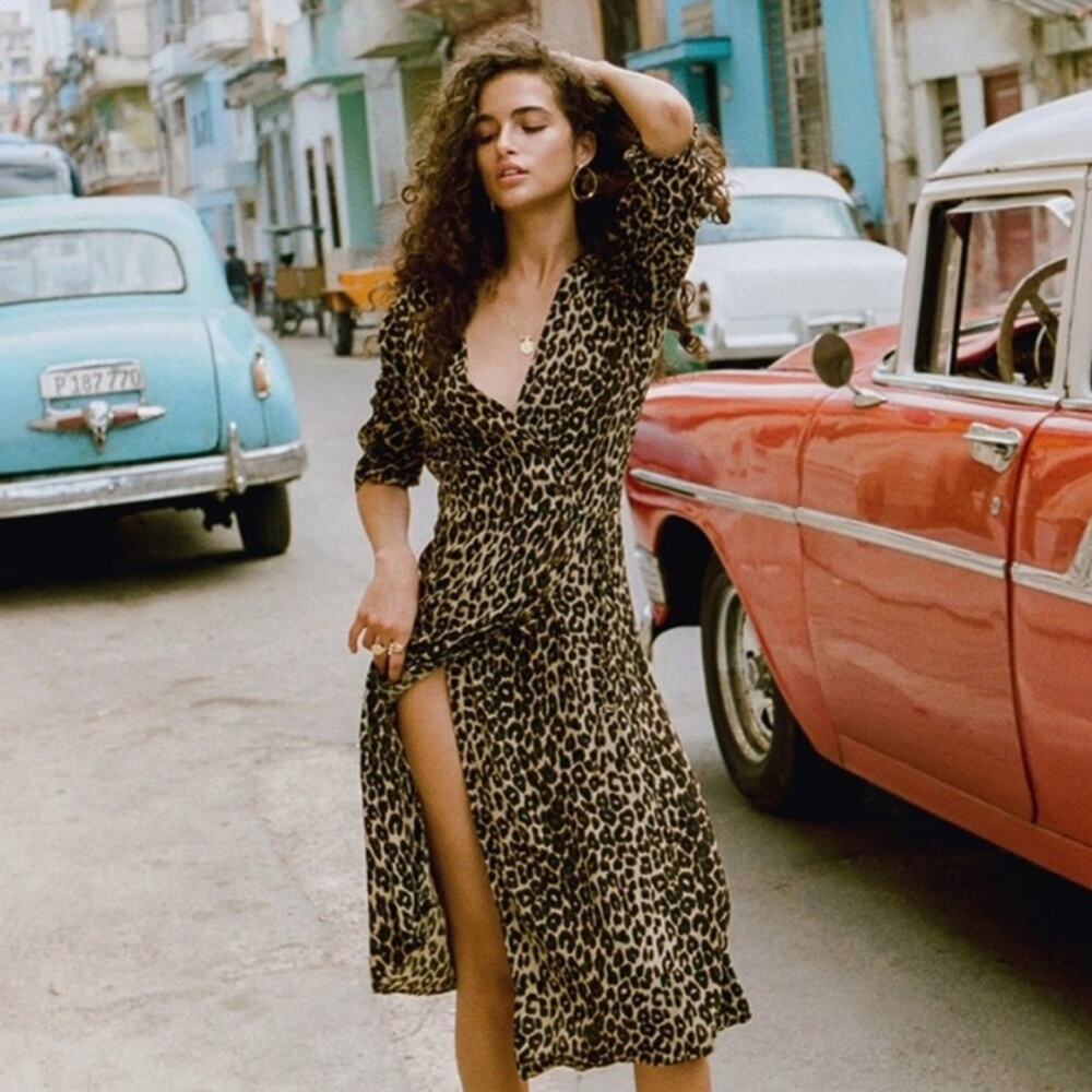 Faithfull The Brand Leopard Print Wrap Midi Dress long Sleeve Size US 6 Med $198
